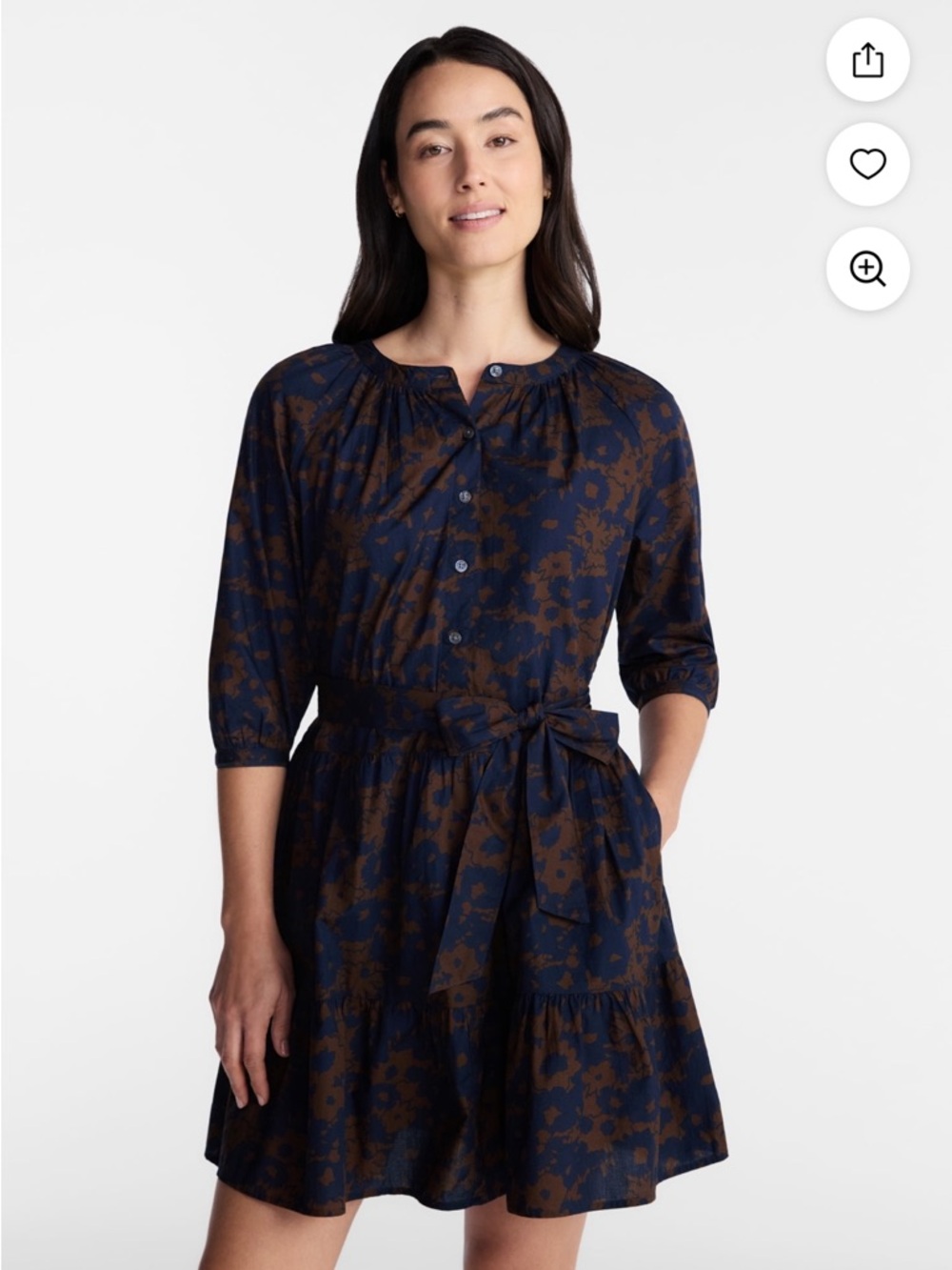 NWT Time and Tru Navy and Brown Floral ruffled hem Button-Front Mini Dress